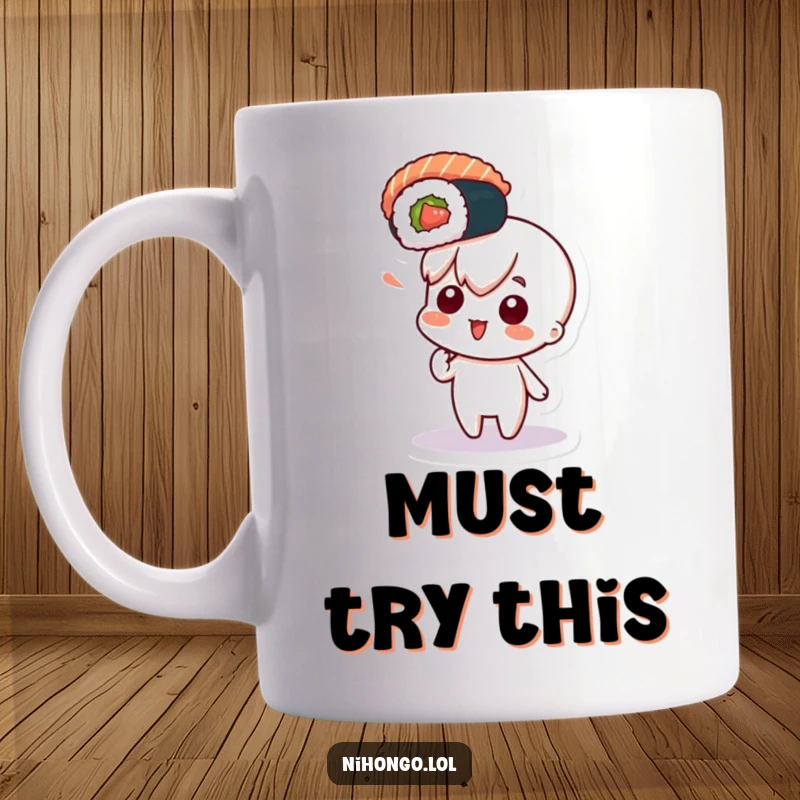 Funny mug showing a curious character pointing with excitement at a floating sushi roll, celebrating a delightful food discovery.