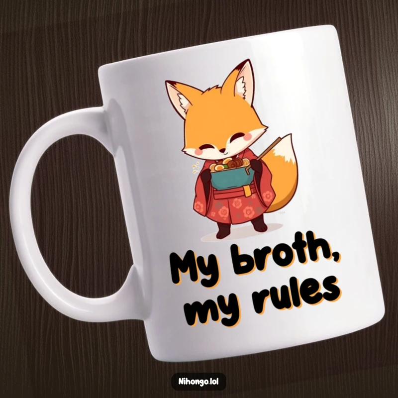 Funny ramen mug featuring a small fox in a kimono, cunningly reaching for a bowl of steaming ramen noodles.