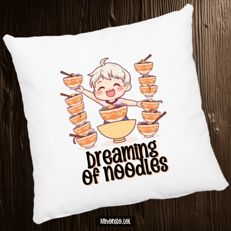 Funny pillow depicting a smiling character balancing many bowls of ramen, adding a humorous touch to any room.