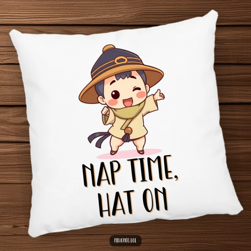 Funny pillow depicting a character in a traditional hat striking a fun, dynamic pose, adding a humorous touch.