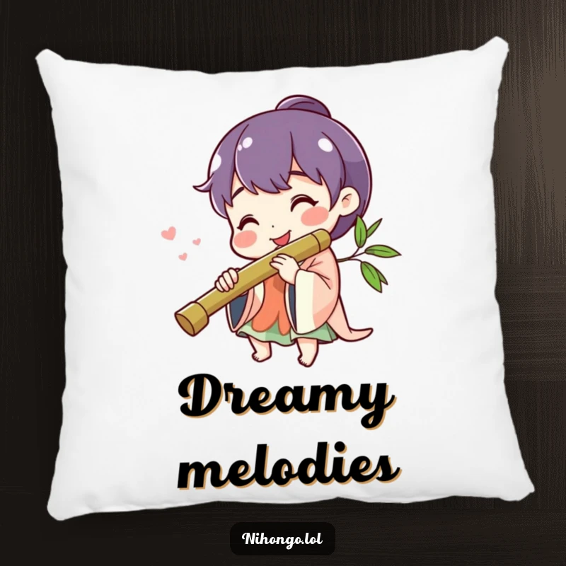 Funny cheerful character smiling, playing a bamboo flute, a soft and cuddly pillow design, adds musical charm.
