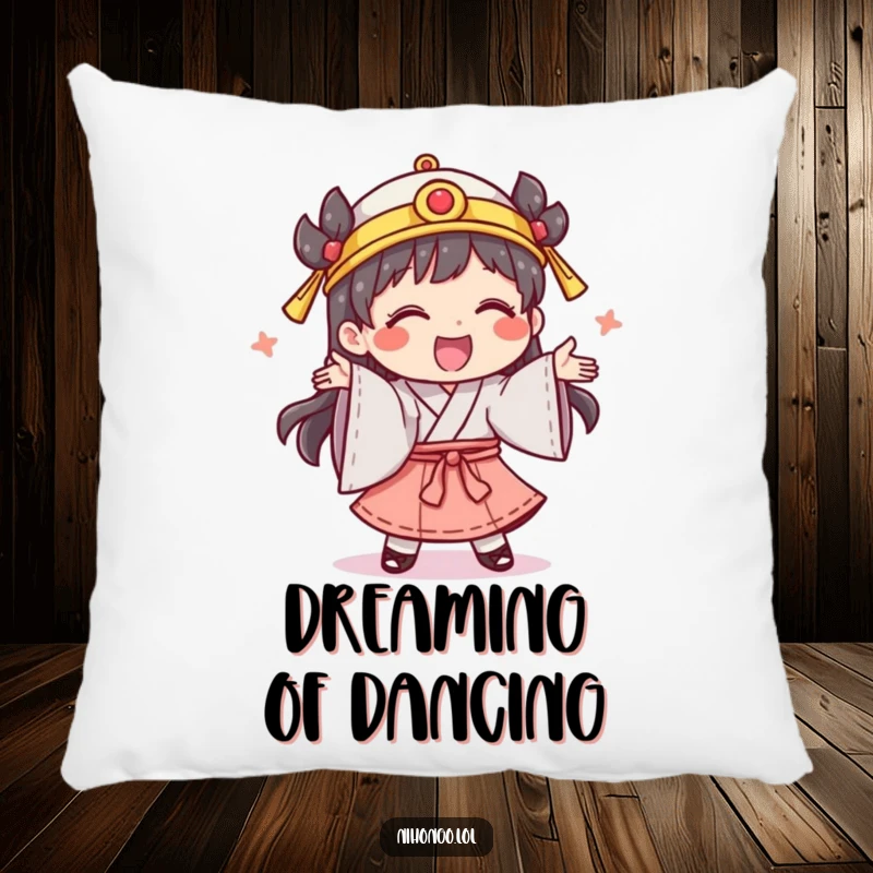 Funny pillow showcasing a giggling character in traditional clothing, performing a silly dance, adding comfort and cheer.
