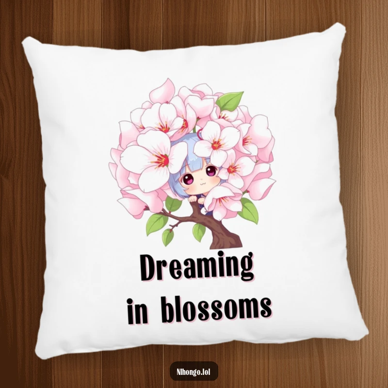 Funny peekaboo pillow: a playful character peeks from behind a large blooming cherry blossom, offering cozy comfort and charming decor.