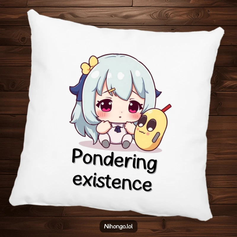 Funny pillow featuring a character looking baffled at an odd, inexplicable object, perfect for adding humor to relaxation.