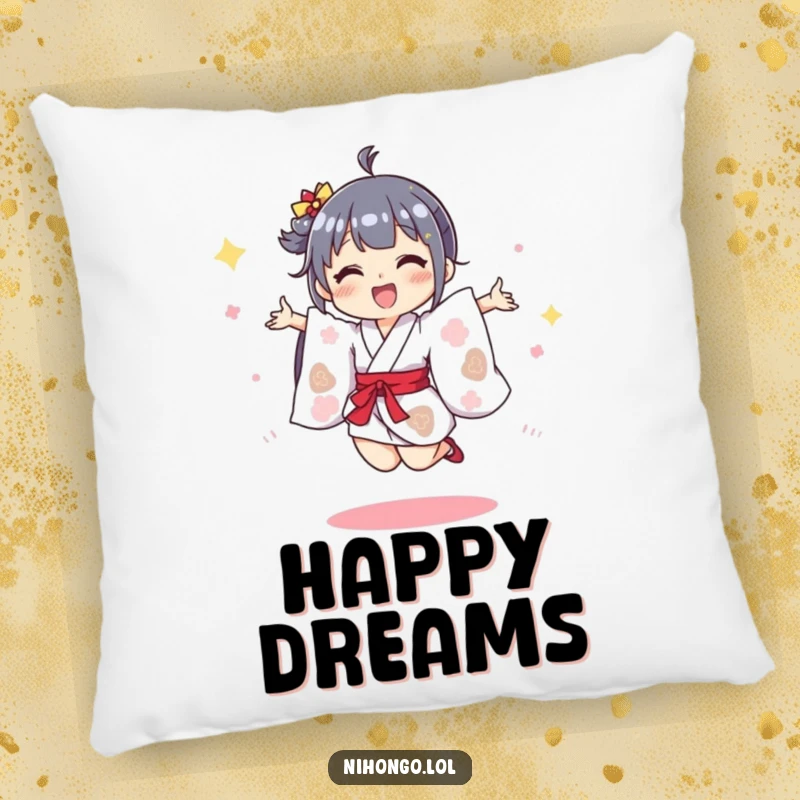 Funny pillow featuring a happy character in a tiny kimono doing a joyful jump, offering comfort and radiating festive cheer.