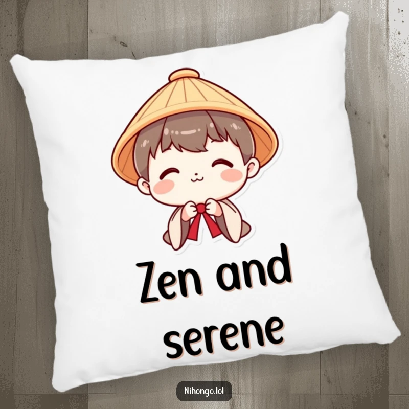 Funny decorative pillow featuring a smiling character in a Japanese hat, bowing politely, adding cultural humor to any room.