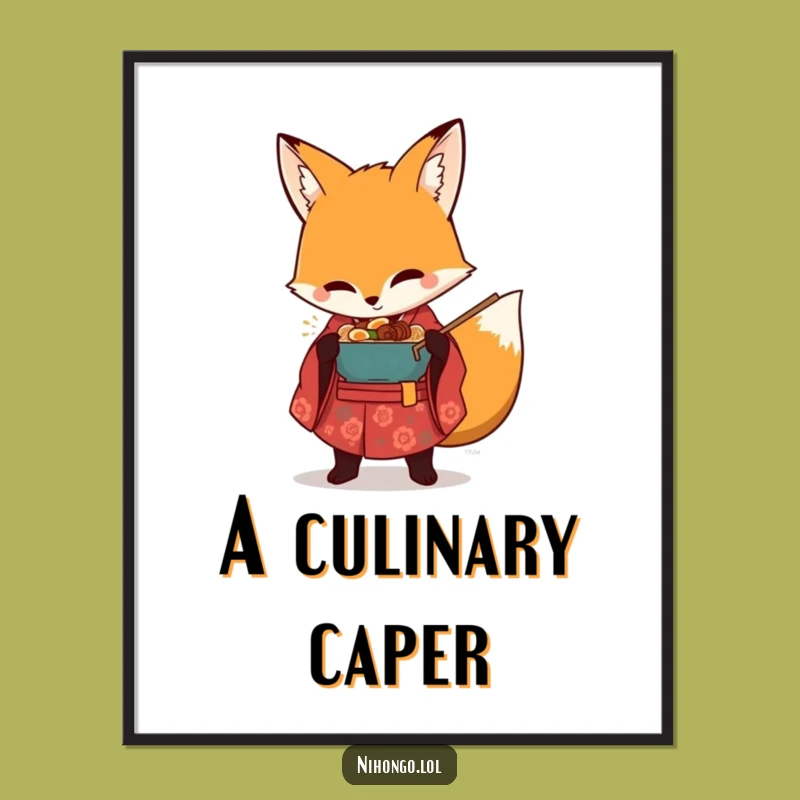 Funny Ramen Fox Digital Art: Instant Kimono Fox Noodle Heist Print, Unique Funny Gift!