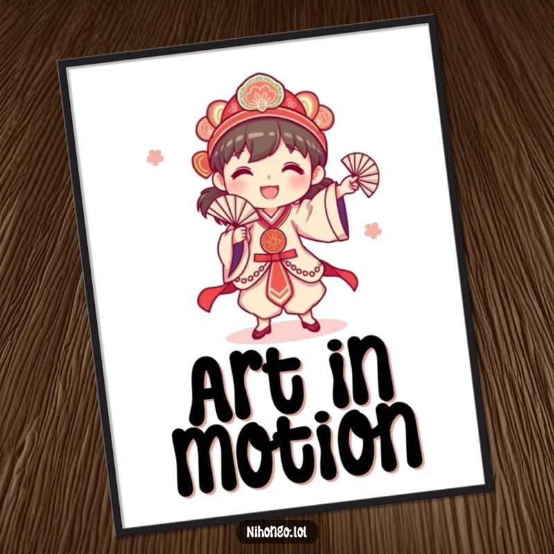 Funny happy character performing a traditional fan dance with a fan, available as a downloadable digital art print, evoking festive movement.