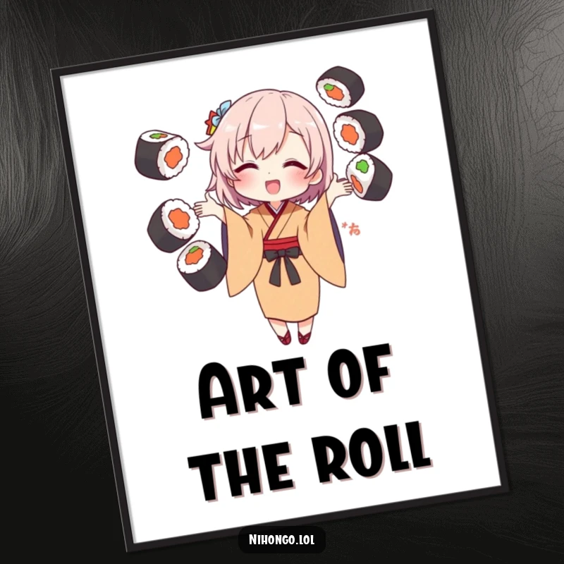 Funny Digital Art Print of a character in a kimono juggling sushi with playful energy, perfect for vibrant home decor.