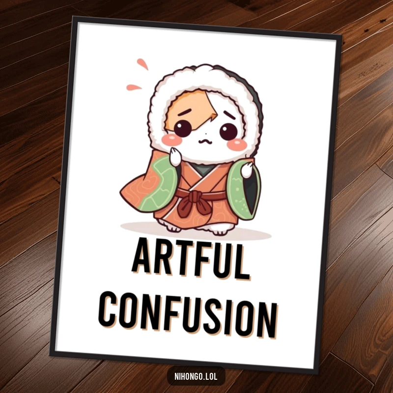 Funny digital art print of a bewildered sushi roll in a kimono attempting origami. High-resolution graphic for instant quirky wall decor.