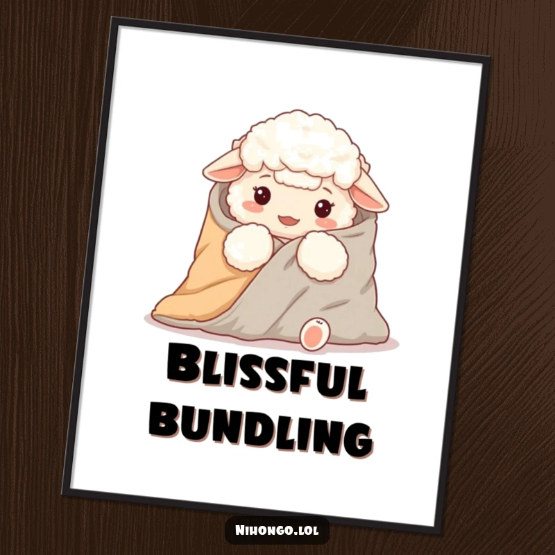 Funny downloadable digital art print of a fluffy sheep attempting to wrap itself completely inside a large futon blanket.