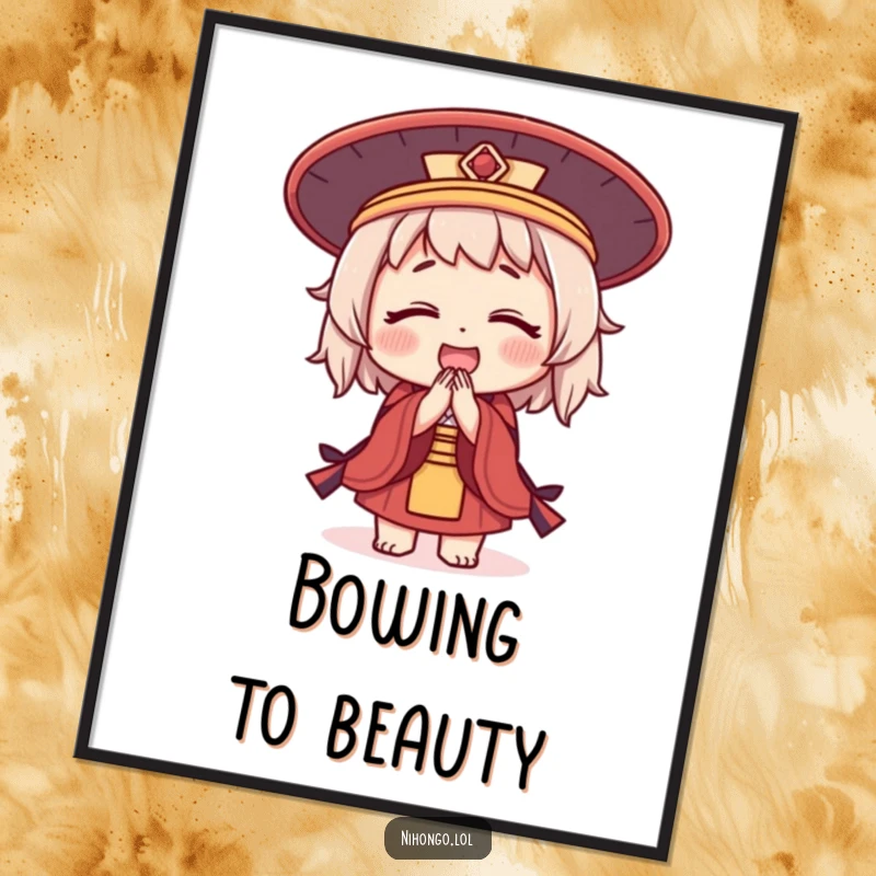 Funny digital art print of a cute character in a Japanese hat, bowing deeply with a joyful and welcoming expression.