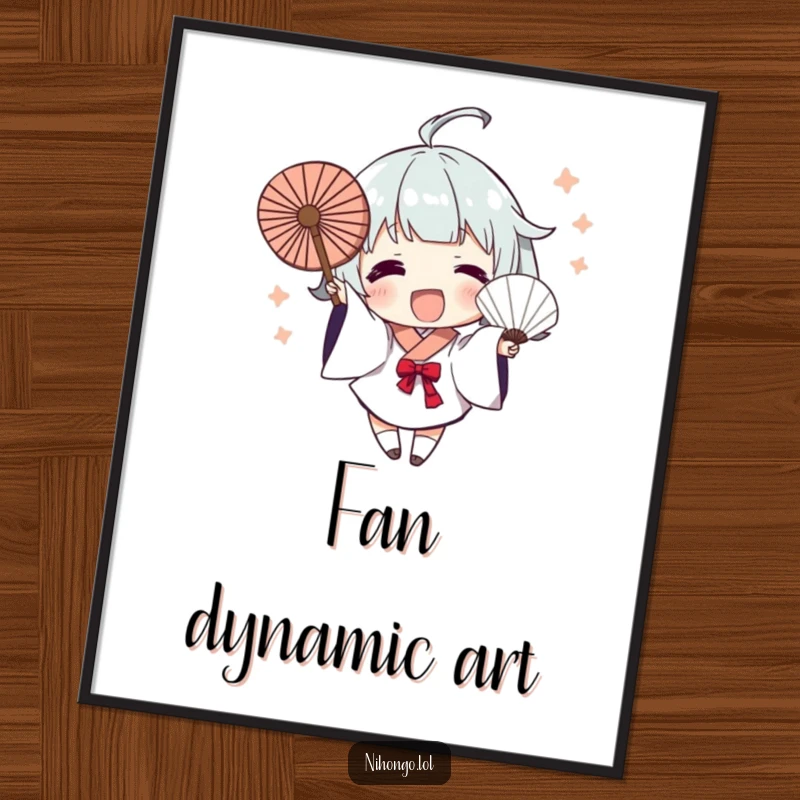 Funny Digital Art Print: Character excitedly waves a fan with dynamic brush strokes, embodying artistic energy and making it a humorous wall accent.