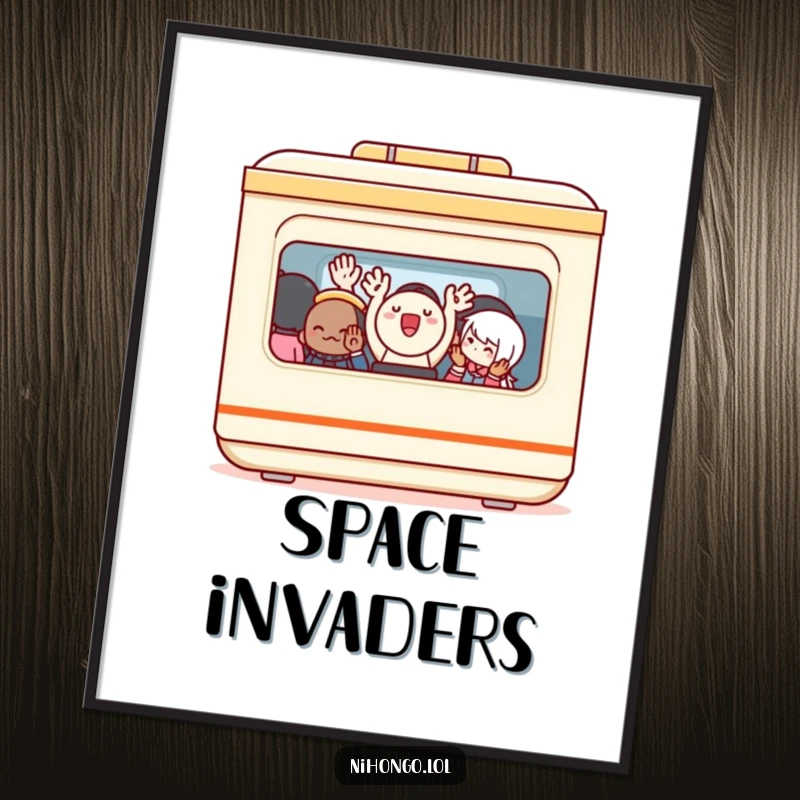 Funny Digital Art Print: A happy bento box with tiny arms waving from a crowded train, a humorous and downloadable artwork.