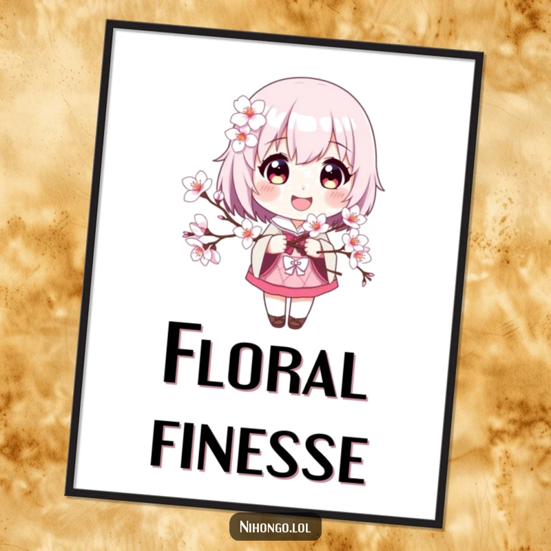 Funny digital art print of a smiling character holding a beautiful cherry blossom branch, bringing instant joy and spring to any screen.