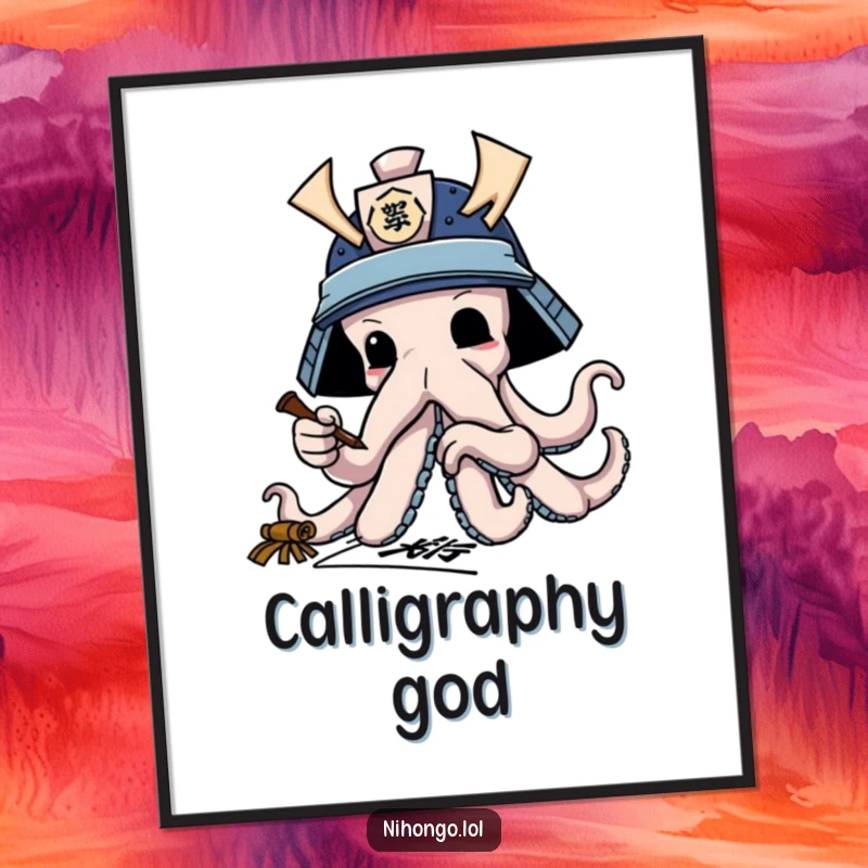 Funny digital art: Octopus wearing a samurai helmet, practicing calligraphy with tentacles, detailed and humorous.