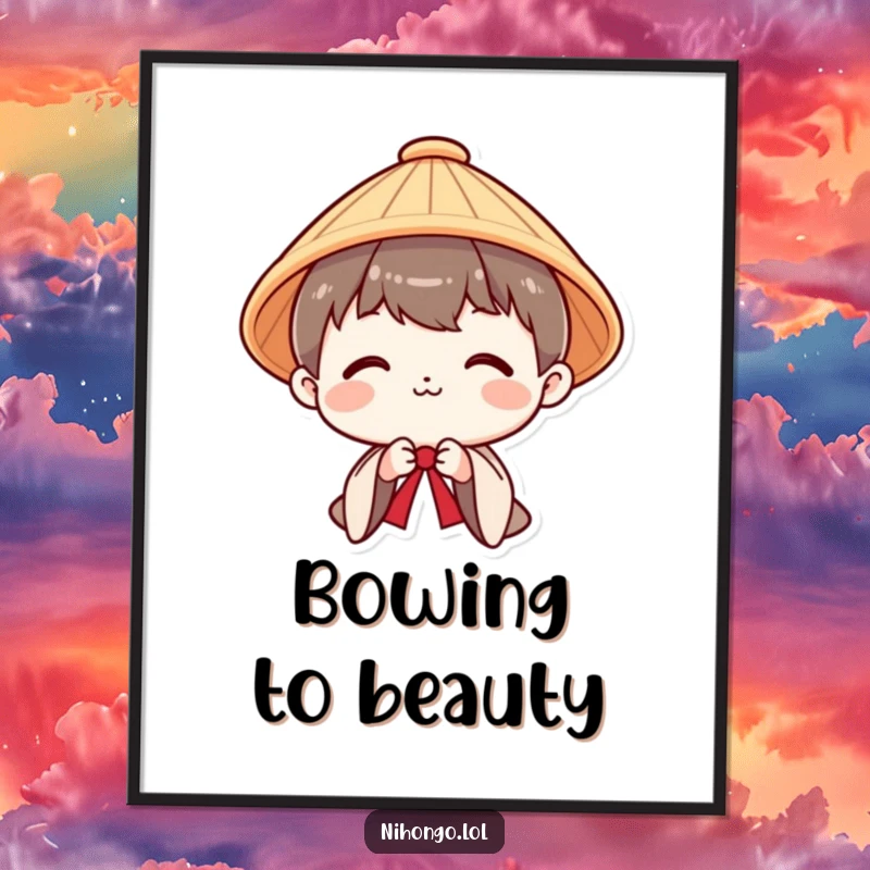 Funny digital art print of a smiling character in a Japanese hat bowing politely, perfect for instant wall decor.