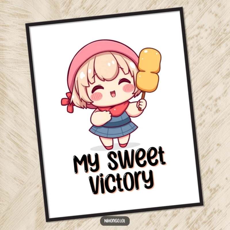 Funny digital art print of a delighted character with rosy cheeks, joyfully holding a giant dango skewer, sweet decor.