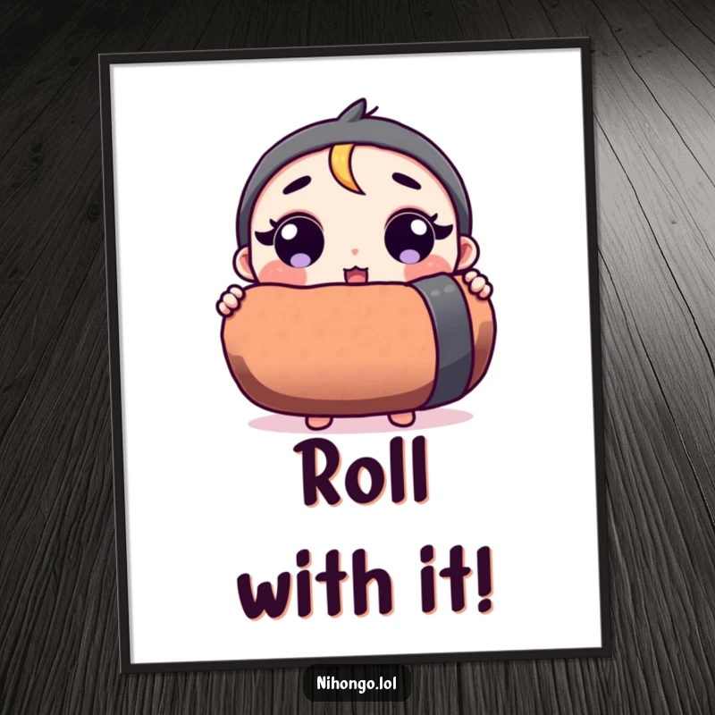 Funny digital art print of a surprised cartoon character clutching an enormous sushi roll, creating a humorous scene.
