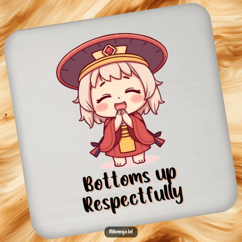 Funny drink coasters featuring a cute character in a Japanese hat, bowing deeply, adding charm to tables.