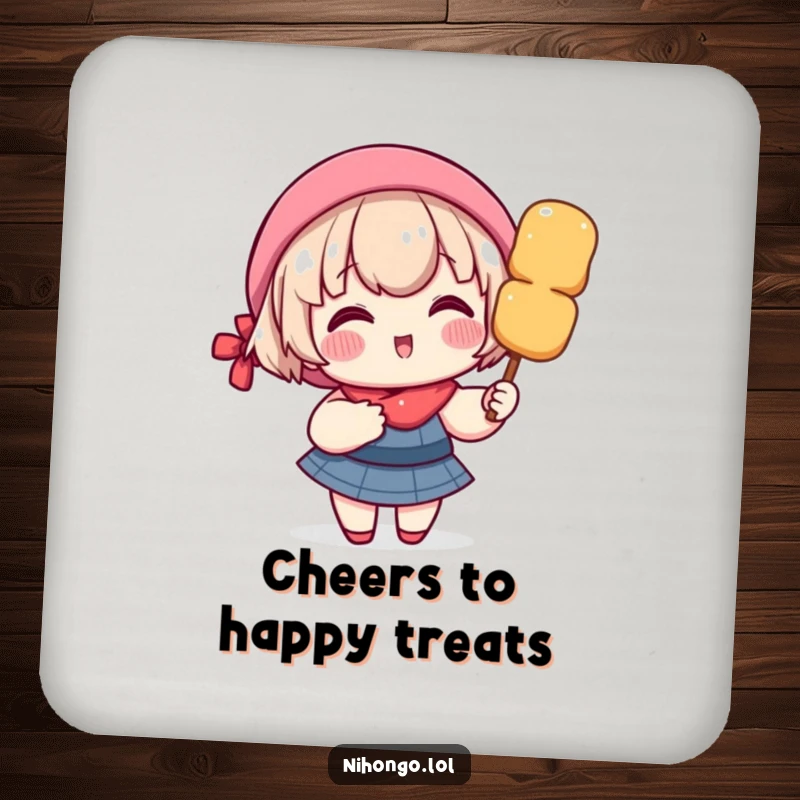 Funny drink coaster with a delighted character, rosy cheeks, holding a giant dango skewer, protecting surfaces.