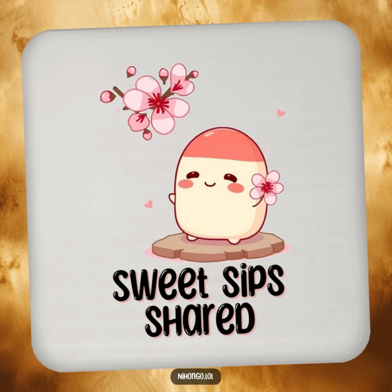 Funny Drink Coaster: A cheerful red bean paste bun offers flowers to a cherry blossom, a humorous coaster for drinks.