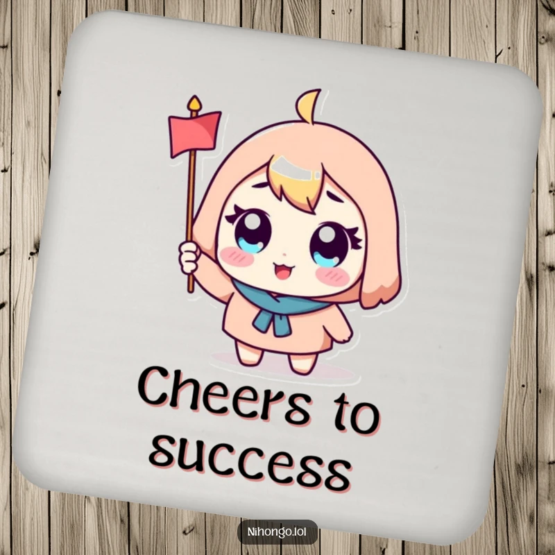 Funny coasters displaying a cute character with big eyes, excitedly waving a small flag, protecting surfaces with joy.