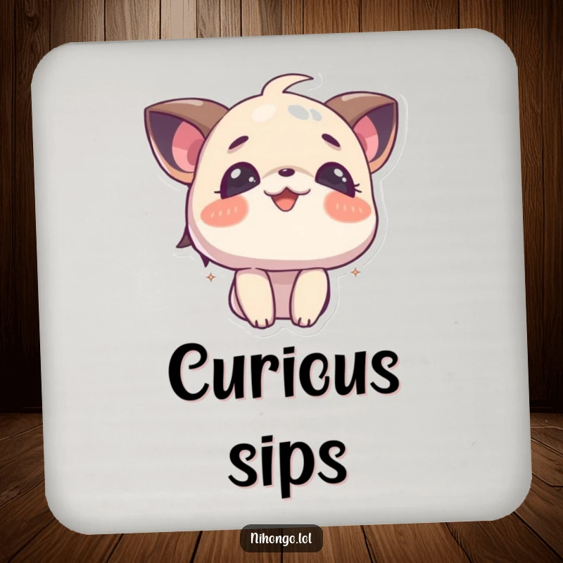 Funny Curious Coaster: Set of coasters featuring a character looking up with curious and joyful eyes, perfect for protecting tables.