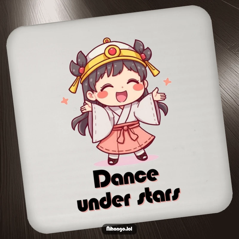 Funny coasters displaying a giggling character in traditional clothing, performing a silly dance, protecting surfaces joyfully.
