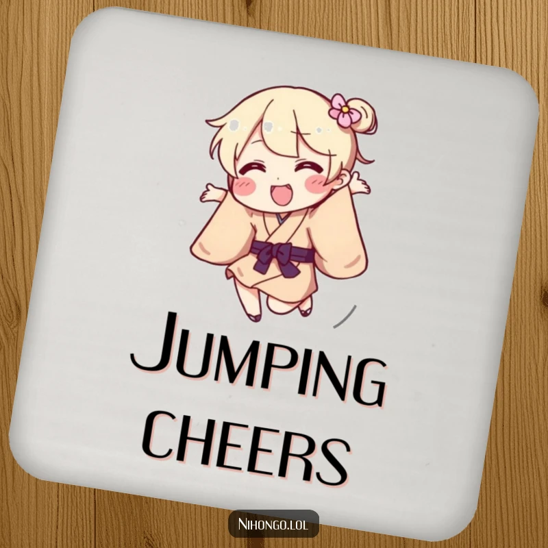 Funny Drink Coaster with a playful character in a kimono jumping energetically, adding flair to tables.