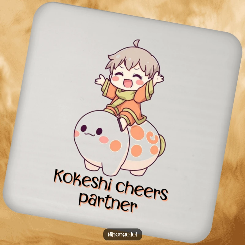 Funny Coasters: A character joyfully rides a large, friendly Kokeshi doll, adding whimsical humor and charm to protect your surfaces.