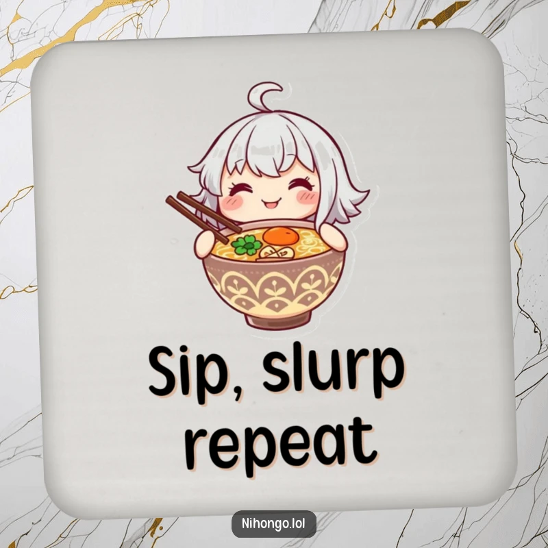 Funny coasters displaying a smiling character holding a steaming bowl of ramen with chopsticks, protecting surfaces humorously.