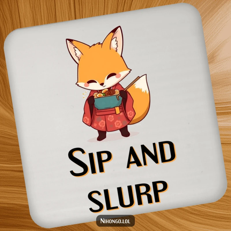 Funny drink coaster featuring a mischievous fox in a kimono, guarding a bowl of ramen, protecting tables from moisture.