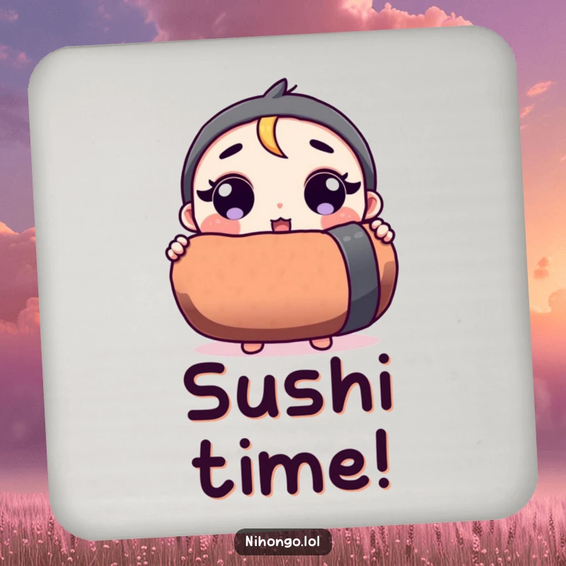 Funny drink coasters featuring a surprised character holding a giant sushi roll, adding charm and surface protection.