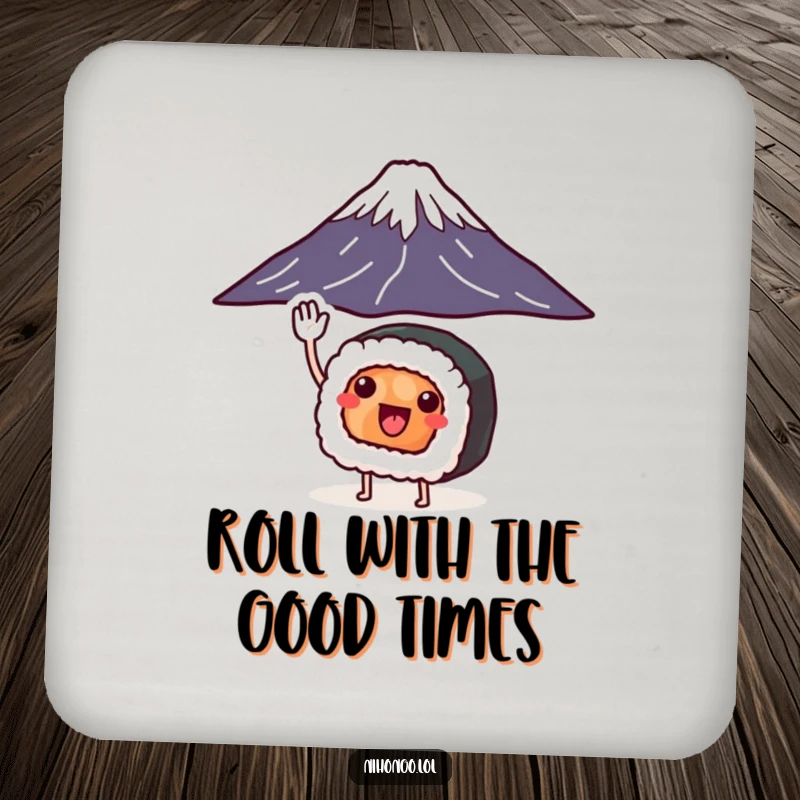 Funny sushi roll drink coasters with legs saluting Mount Fuji, showing cute characters and protecting surfaces with humor.