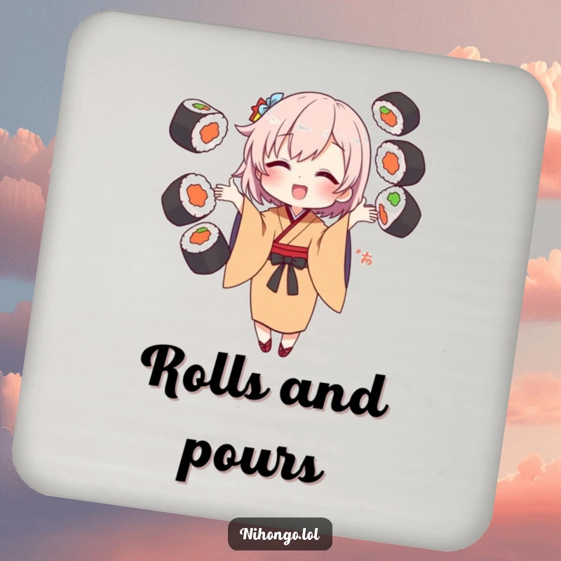 Funny Drink Coaster with a character in a kimono juggling sushi rolls, adding a humorous touch to drink service.