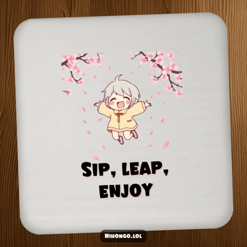 Funny joyful character drink coaster showing a character leaping with joy surrounded by cherry blossoms, a humorous and protective addition.