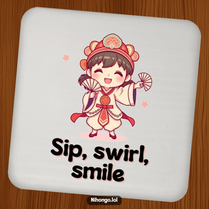 Funny happy character performing a traditional fan dance with a fan, on a drink coaster, adds elegant flair to tabletops.
