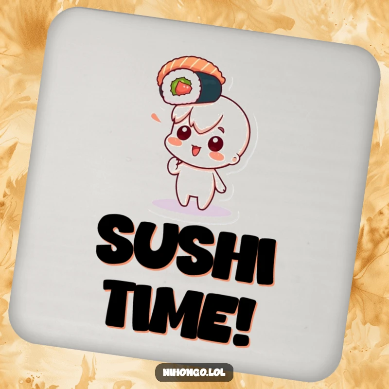 Funny drink coaster showing a character pointing with excitement at a floating sushi roll, protecting surfaces with foodie flair.