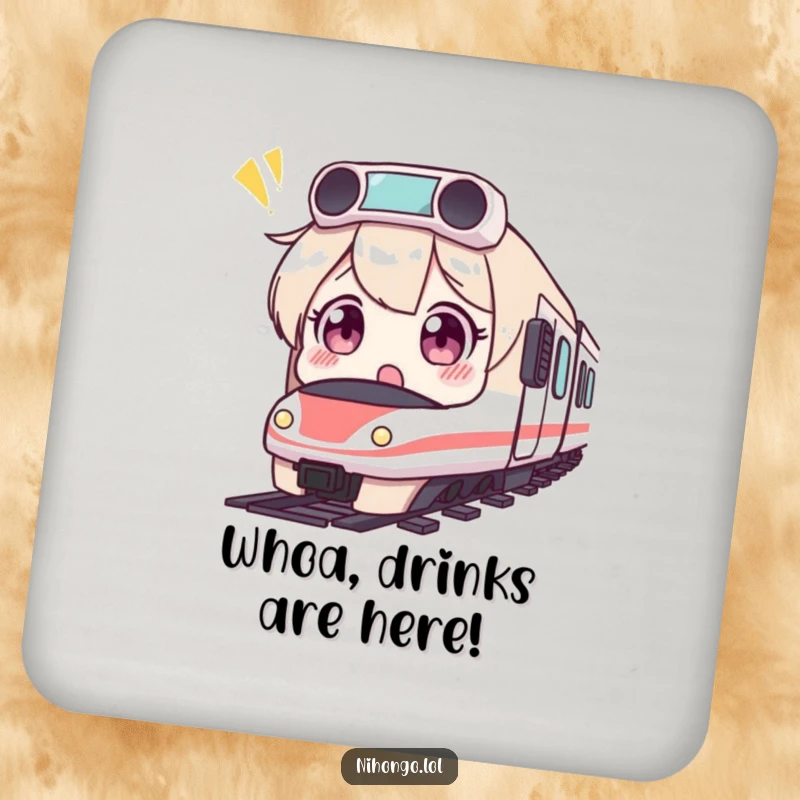 Funny drink coasters featuring a surprised character with wide eyes looking at a tiny bullet train, protecting surfaces humorously.