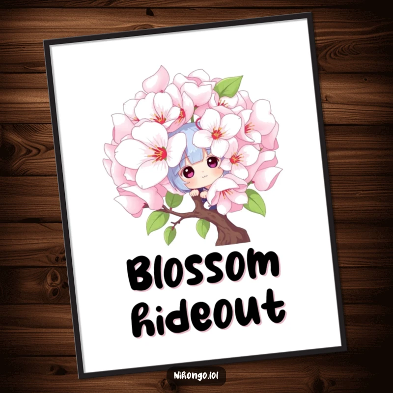 Funny peekaboo poster: a playful character peeks from behind a giant blooming cherry blossom, adding whimsical and charming spring decor.