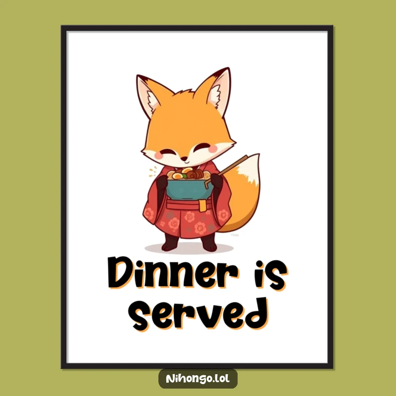 Funny Ramen Fox Poster: Artistic Kimono Fox Noodle Heist, Quirky Funny Gift Decor!