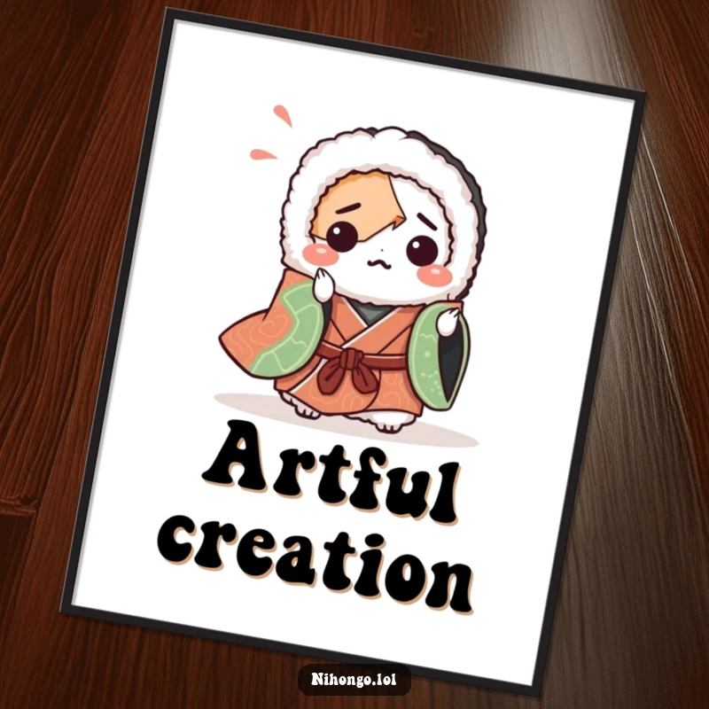 Funny poster featuring a sushi roll in a kimono attempting origami with a bewildered expression. Ideal for whimsical kitchen art.