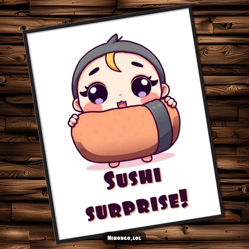 Funny poster art of a surprised cartoon character holding an enormous sushi roll, bringing joy and humor.