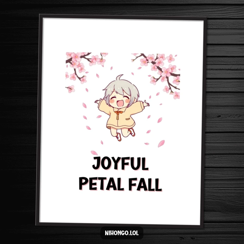 Funny joyful character poster showcasing a character leaping with joy surrounded by cherry blossoms, humorous art for an uplifting space.