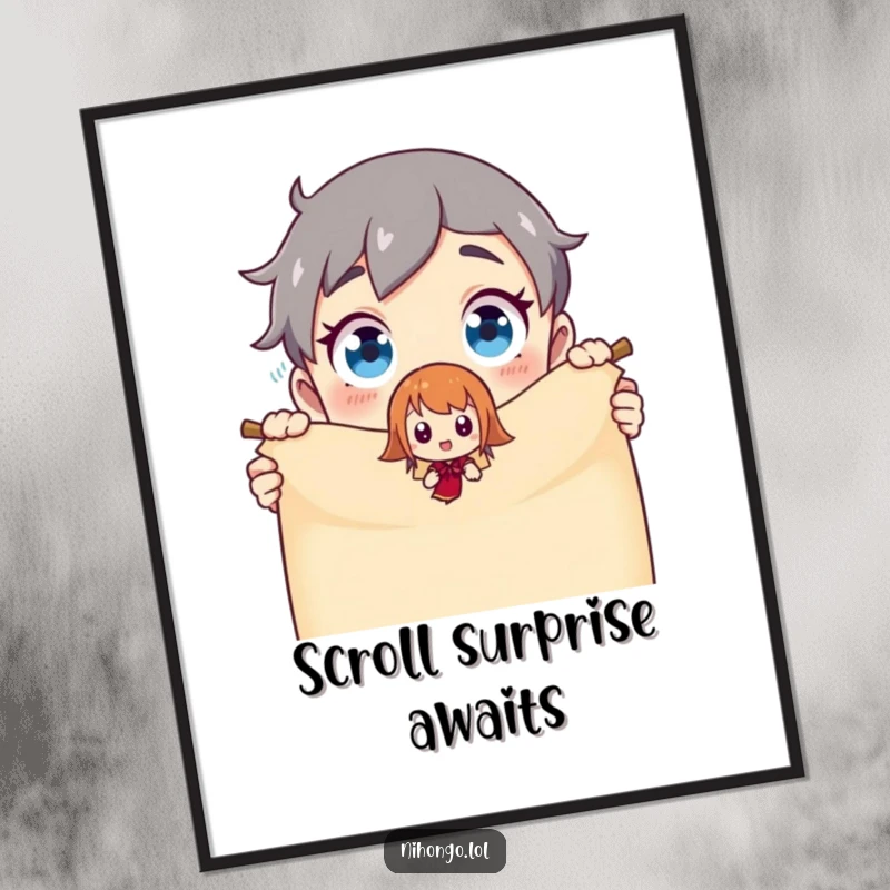 Funny Poster: Character’s shocked expression as a small animated being materializes from a magic scroll, bringing humor and fantasy to decor.