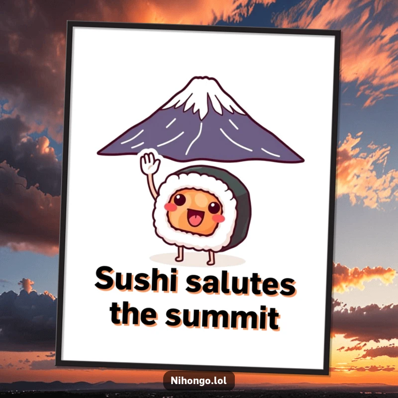 Funny sushi roll poster with legs saluting Mount Fuji, illustrating a comical food character and Japanese cultural humor for wall art.