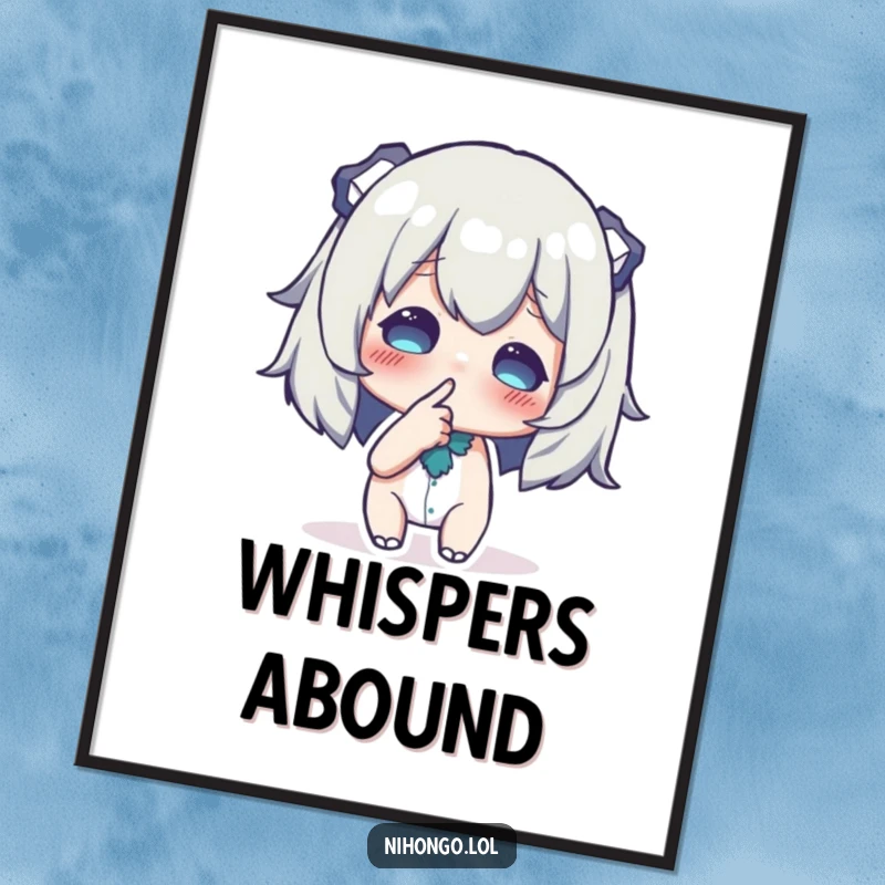 Funny poster depicting a character in a secretive pose, finger to lips, whispering an unheard, humorous secret.