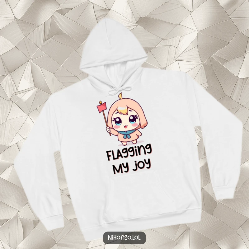 Funny hoodie featuring a cute character with big eyes, excitedly waving a small flag, cozy and cheerful.