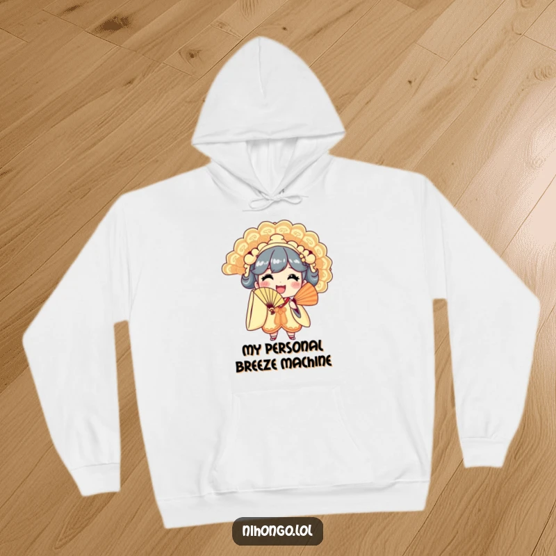 Funny hoodie showing a happy character energetically waving a huge, decorative fan, radiating pure delight and fun.